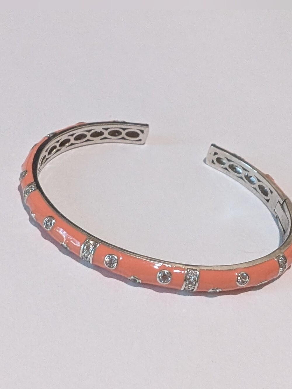 Hidalgo Signed Sterling Silver Peach Color Enamel Cz Hinged Bangle Bracelet